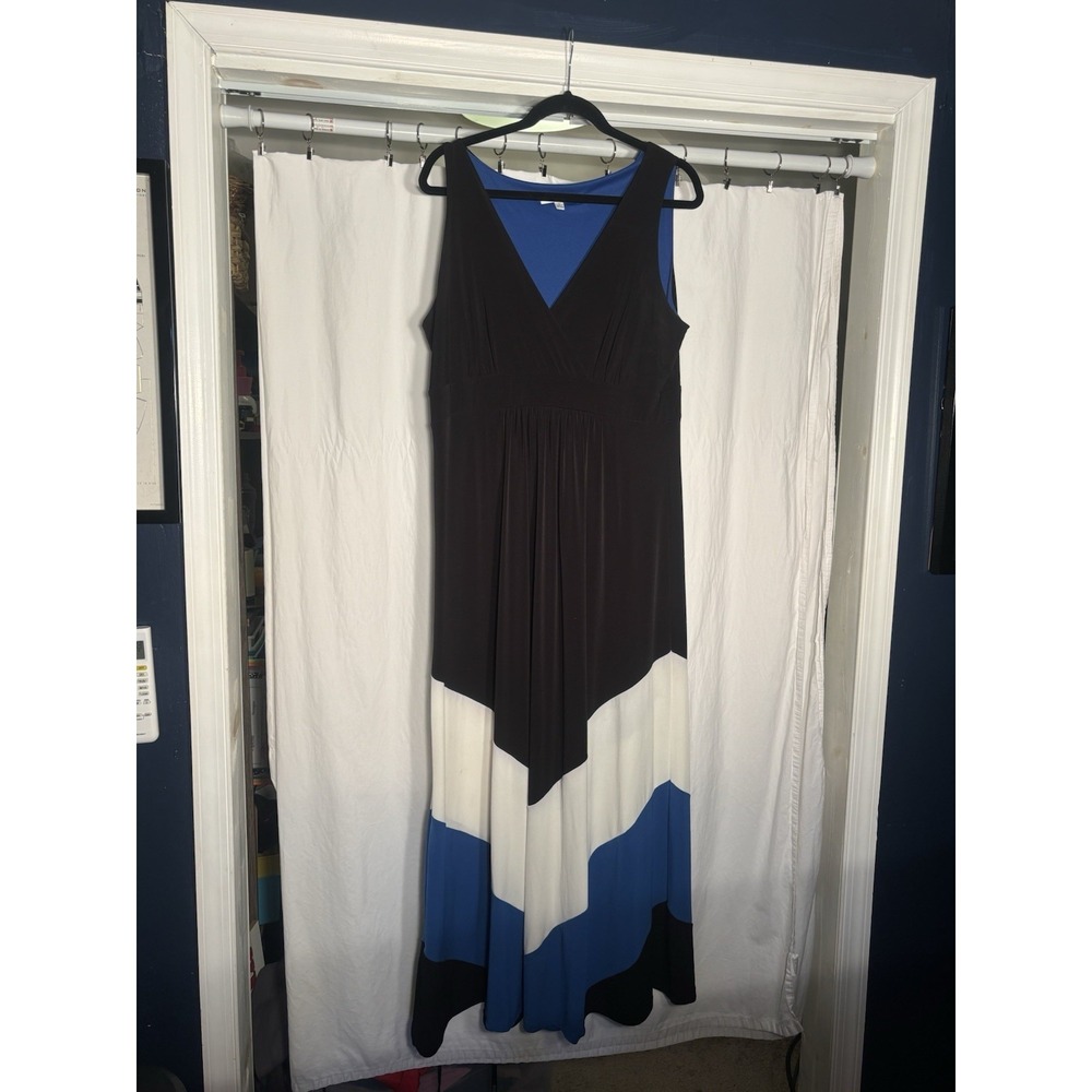 STUDIO I Color Block LONG Dress Black, White, Blue Large I3‎